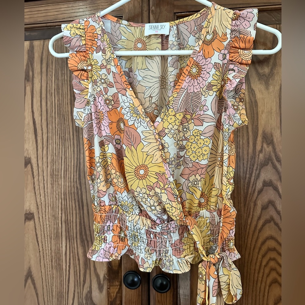 Sienna Sky Floral Wrap Blouse - Orange, Yellow, Pink